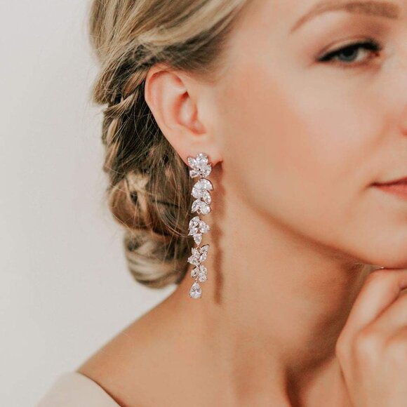 Bridal Drop Earrings Silver Cubic Zirconia Wedding Sparkle for Women - Picture 3 of 6